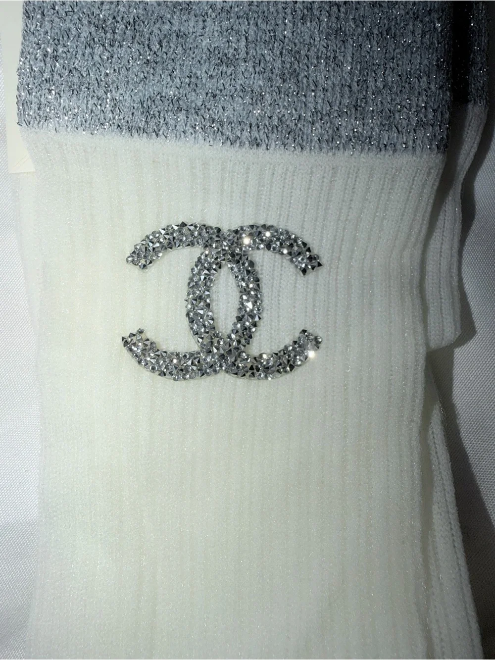 White & Silver Logo Crew Socks - Designer Style
